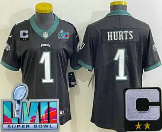 Women's Philadelphia Eagles #1 Jalen Hurts Limited Black C Patch Super Bowl LVII Vapor Jersey