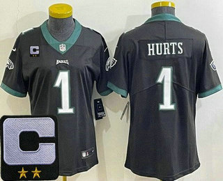 Women's Philadelphia Eagles #1 Jalen Hurts Limited Black C Patch Vapor Jersey