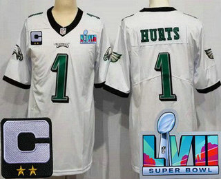 Women's Philadelphia Eagles #1 Jalen Hurts Limited White C Patch Super Bowl LVII Vapor Jersey