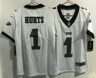 Women's Philadelphia Eagles #1 Jalen Hurts White 2021 Vapor Untouchable Stitched NFL Nike Limited Jersey