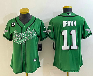 Women's Philadelphia Eagles #11 AJ Brown Green C Patch Cool Base Stitched Baseball Jersey