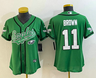 Women's Philadelphia Eagles #11 AJ Brown Green Cool Base Stitched Baseball Jersey 02