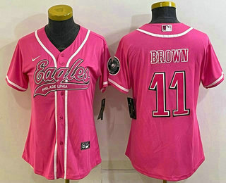 Women's Philadelphia Eagles #11 AJ Brown Pink With Patch Cool Base Stitched Baseball Jersey