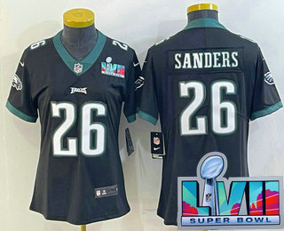 Women's Philadelphia Eagles #26 Miles Sanders Black Super Bolw LVII Patch Vapor Untouchable Limited Stitched Jersey