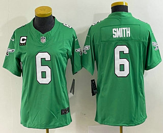 Women's Philadelphia Eagles #6 DeVonta Smith Green C Patch 2023 FUSE Vapor Limited Throwback Stitched Jersey