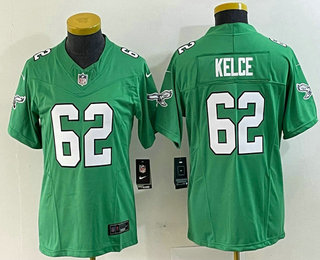 Women's Philadelphia Eagles #62 Jason Kelce Green 2023 FUSE Vapor Limited Throwback Stitched Jersey