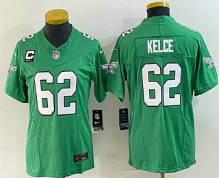 Women's Philadelphia Eagles #62 Jason Kelce Green C Patch 2023 FUSE Vapor Limited Throwback Stitched Jersey