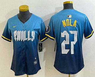 Women's Philadelphia Phillies #27 Aaron Nola Blue 2024 City Connect Limited Stitched Jersey