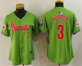 Women's Philadelphia Phillies #3 Bryce Harper Green With Patch Stitched Cool Base Nike Jersey