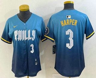 Women's Philadelphia Phillies #3 Bryce Harper Number Blue 2024 City Connect Limited Stitched Jersey