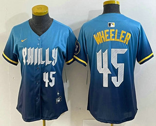 Women's Philadelphia Phillies #45 Zack Wheeler Blue 2024 City Player Number Cool Base Stitched Jersey