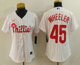 Women's Philadelphia Phillies #45 Zack Wheeler White Pinstripe Stitched Cool Base Jersey