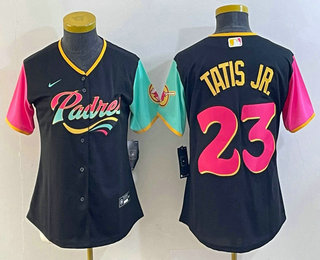 Women's San Diego Padres #23 Fernando Tatis Jr Black 2022 City Connect Cool Base Stitched Jersey 01