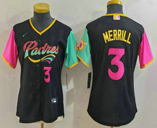 Women's San Diego Padres #3 Jackson Merrill Black Player Number Fashion Baseball Jersey