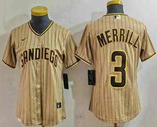 Women's San Diego Padres #3 Jackson Merrill Tan NEW 2023 Cool Base Stitched Jersey