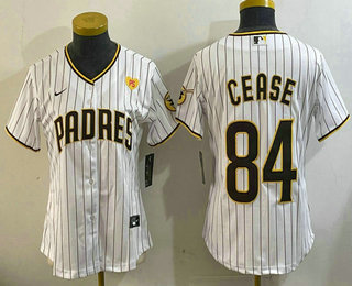 Women's San Diego Padres #84 Dylan Cease White Team Logo With PS Patch Stitched Cool Base Nike Jersey