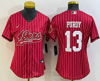 Women's San Francisco 49ers #13 Brock Purdy Red Pinstripe With Patch Cool Base Stitched Baseball Jersey