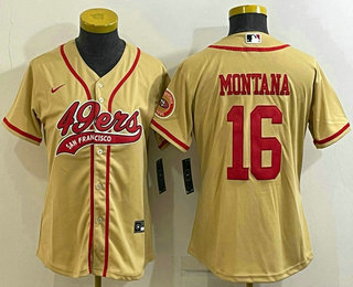 Women's San Francisco 49ers #16 Joe Montana Gold With Patch Cool Base Stitched Baseball Jersey