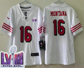 Women's San Francisco 49ers #16 Joe Montana Limited White Alternate LVIII Super Bowl Vapor Jersey