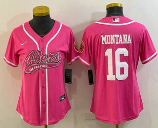 Women's San Francisco 49ers #16 Joe Montana Pink With Patch Cool Base Stitched Baseball Jersey