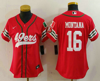 Women's San Francisco 49ers #16 Joe Montana Red Mexico Cool Base Stitched Baseball Jersey