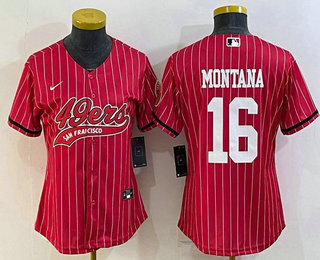 Women's San Francisco 49ers #16 Joe Montana Red Pinstripe With Patch Cool Base Stitched Baseball Jersey