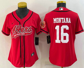 Women's San Francisco 49ers #16 Joe Montana Red With Patch Cool Base Stitched Baseball Jersey