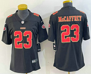 Women's San Francisco 49ers #23 Christian McCaffrey Black Red Fashion Vapor Limited Stitched Jersey