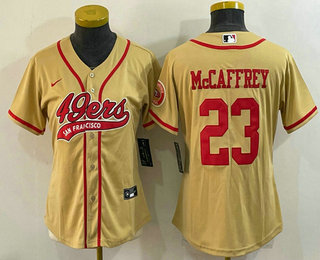 Women's San Francisco 49ers #23 Christian McCaffrey Gold With Patch Cool Base Stitched Baseball Jersey