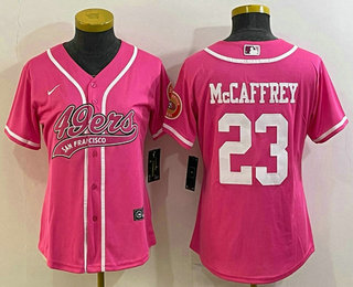 Women's San Francisco 49ers #23 Christian McCaffrey Pink With Patch Cool Base Stitched Baseball Jersey