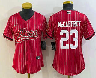 Women's San Francisco 49ers #23 Christian McCaffrey Red Pinstripe With Patch Cool Base Stitched Baseball Jersey