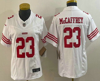 Women's San Francisco 49ers #23 Christian McCaffrey White 2023 FUSE Vapor Limited Stitched Jersey