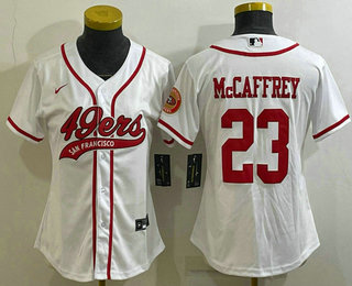 Women's San Francisco 49ers #23 Christian McCaffrey White With Patch Cool Base Stitched Baseball Jersey