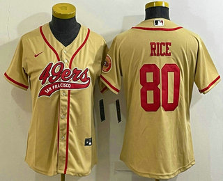 Women's San Francisco 49ers #80 Jerry Rice Gold With Patch Cool Base Stitched Baseball Jersey