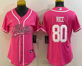 Women's San Francisco 49ers #80 Jerry Rice Pink With Patch Cool Base Stitched Baseball Jersey