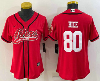 Women's San Francisco 49ers #80 Jerry Rice Red With Patch Cool Base Stitched Baseball Jersey