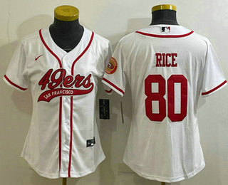 Women's San Francisco 49ers #80 Jerry Rice White With Patch Cool Base Stitched Baseball Jersey