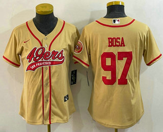 Women's San Francisco 49ers #97 Nick Bosa Gold With Patch Cool Base Stitched Baseball Jersey