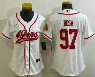 Women's San Francisco 49ers #97 Nick Bosa White With Patch Cool Base Stitched Baseball Jersey