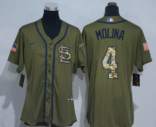 Women's St. Louis Cardinals #4 Yadier Molina Green Salute To Service Stitched MLB Cool Base Nike Jersey