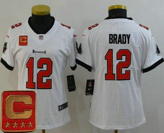 Women's Tampa Bay Buccaneers #12 Tom Brady Limited White Captain Patch Vapor Untouchable Jersey