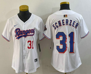 Women's Texas Rangers #31 Max Scherzer Number White 2024 Gold Collection Limited Cool Base Jersey 13