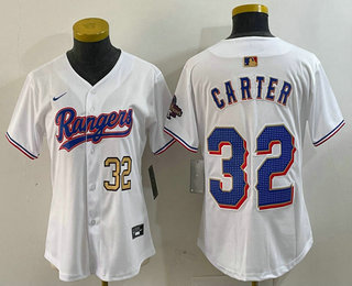 Women's Texas Rangers #32 Evan Carter Number White 2024 Gold Collection Limited Cool Base Jersey 12