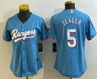 Women's Texas Rangers #5 Corey Seager Light Blue Stitched Cool Base Nike Jersey