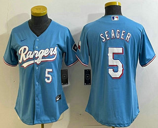 Women's Texas Rangers #5 Corey Seager Number Light Blue Stitched Cool Base Nike Jersey