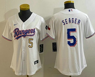 Women's Texas Rangers #5 Corey Seager Number White Team Logo Cool Base Jersey 01