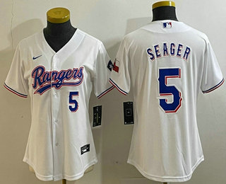 Women's Texas Rangers #5 Corey Seager Number White Team Logo Cool Base Jersey 02