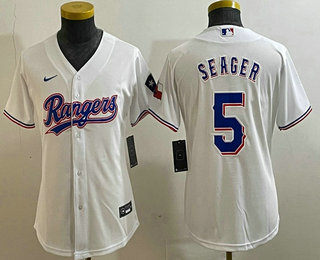 Women's Texas Rangers #5 Corey Seager Number White Team Logo Cool Base Jersey 03