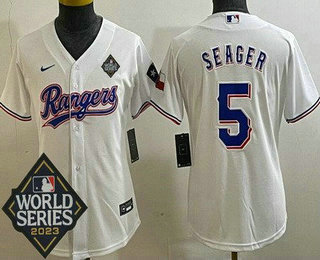 Women's Texas Rangers #5 Corey Seager White Team Logo 2023 World Series Cool Base Jersey