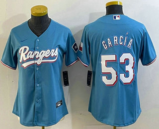 Women's Texas Rangers #53 Adolis Garcia Light Blue Team Logo Cool Base Jersey